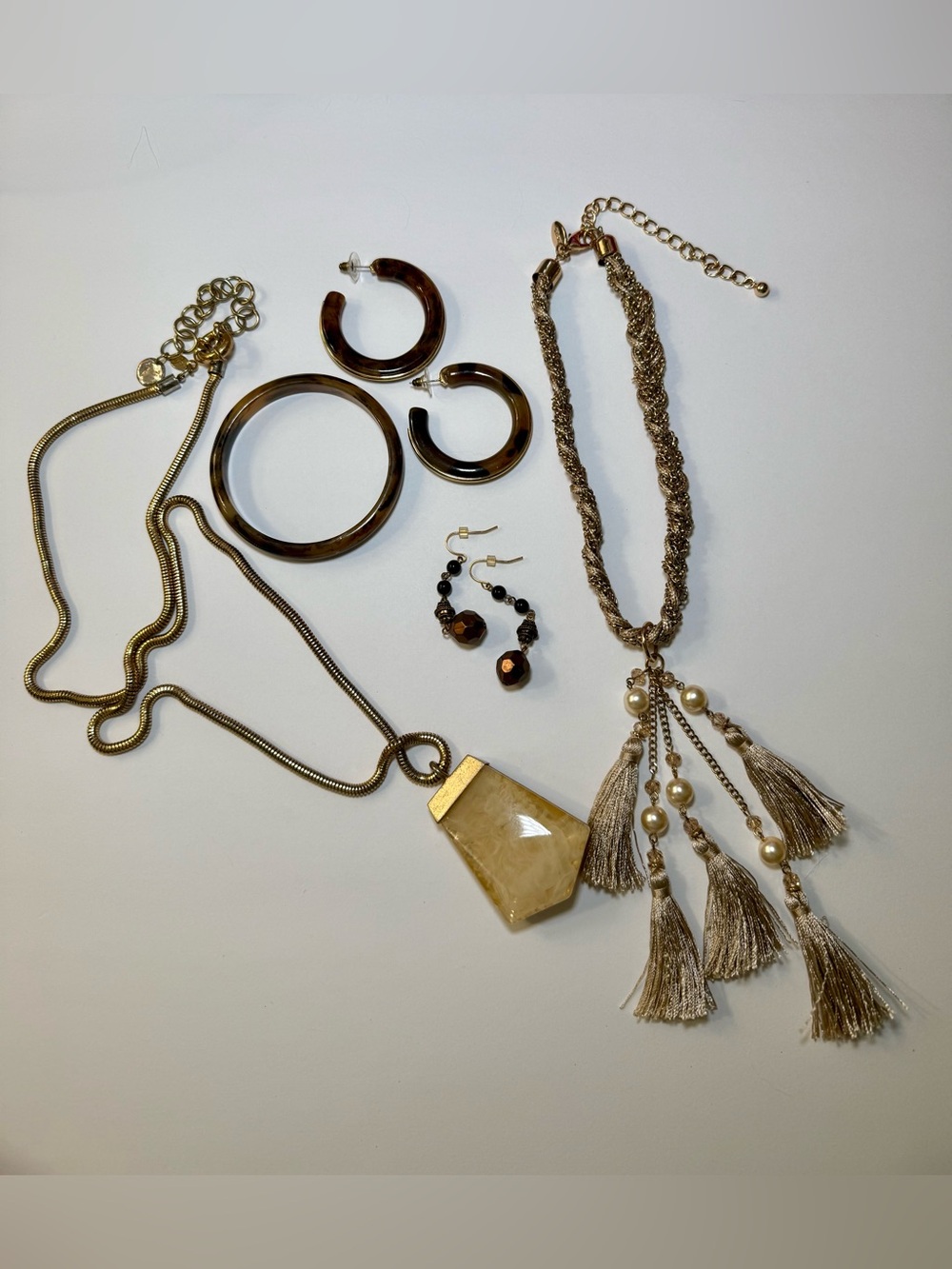 Chico's Jewelry Champagne toned Tassel Necklace  Tortoise Shell Earrings Lot 1